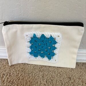 Upcycled Handmade Crochet Accent Pouch - Cream and Blue